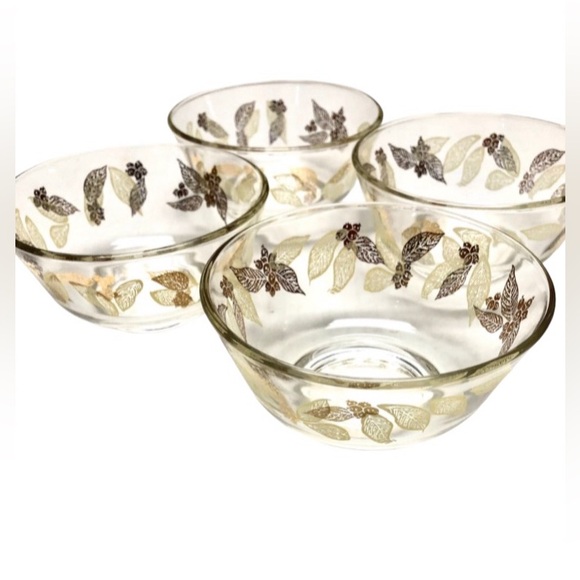Leaf And Olive Bowl Set Of 4 Berry Bowls Small Desert Dish MCM Clear With Gold - Picture 2 of 6